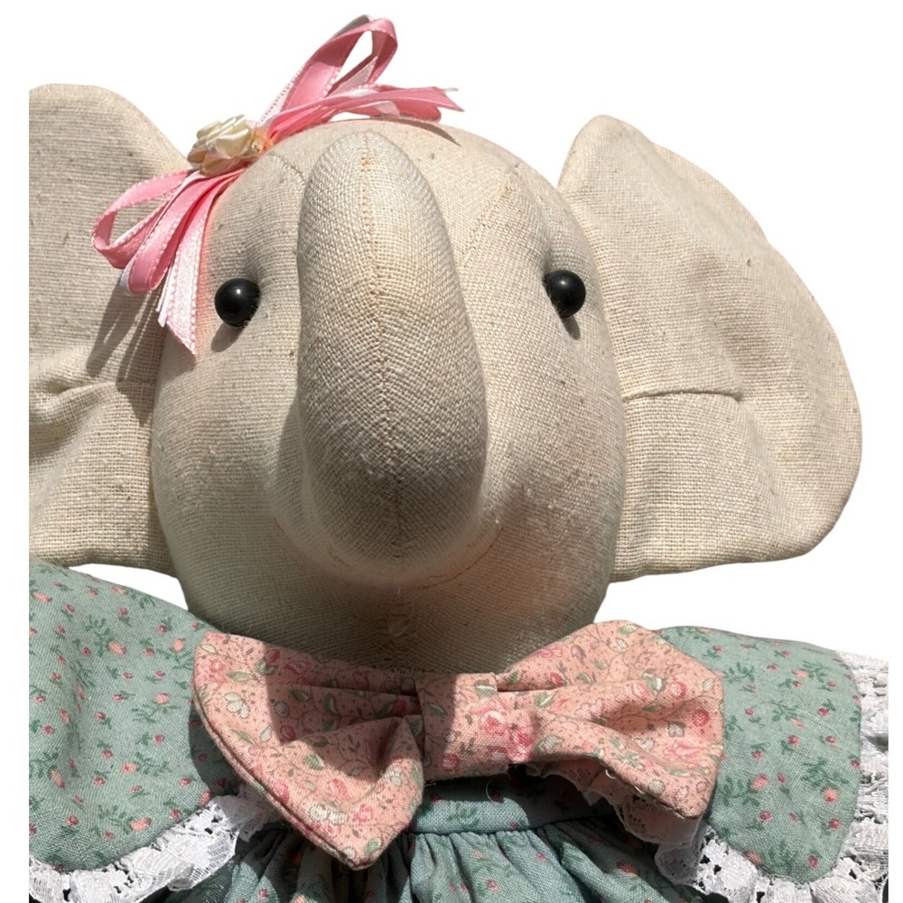 Handmade Vintage Cloth Elephant Doll Country Nursery Decor Floral Dress Cottage